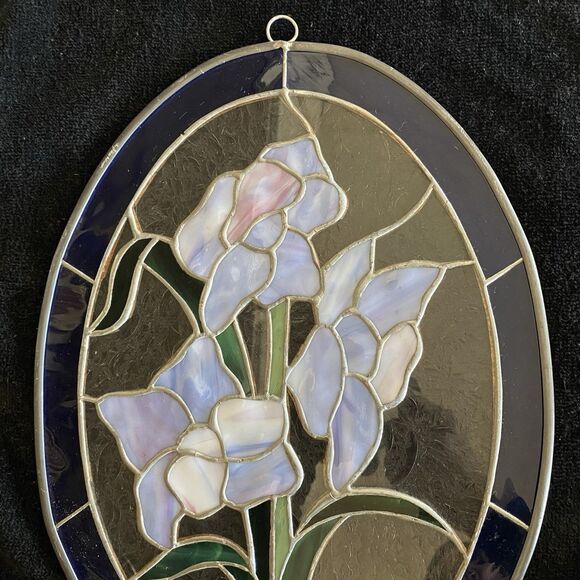 Vintage Handcrafted Large Stained Glass Suncatcher With Iris Flowers. No Cracks! - Picture 5 of 8
